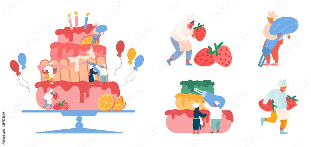 People Cook Festive Cake with Cream and Strawberries. Characters in Chef Uniform and Hats Decorating Huge Pie. Teamwork, Bakery, Giant Dessert for Birthday or Wedding Cartoon Vector Illustration