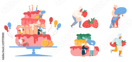 People Cook Festive Cake with Cream and Strawberries. Characters in Chef Uniform and Hats Decorating Huge Pie. Teamwork, Bakery, Giant Dessert for Birthday or Wedding Cartoon Vector Illustration