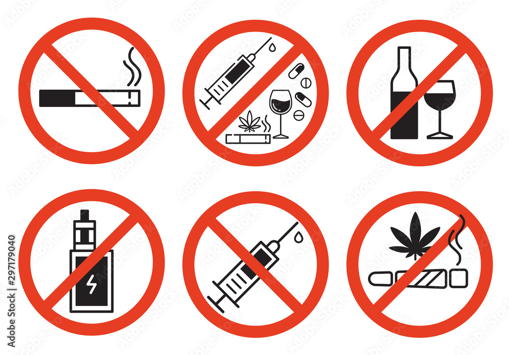 Sign forbidden drugs in red crossed out circle on white background. No smoking, no drugs, no vaping and no alcohol. Isolated vector illustration. Sign forbidden drugs in red crossed out circle on white background. No smoking, no drugs, no vaping and no alcohol. Isolated vector illustration.