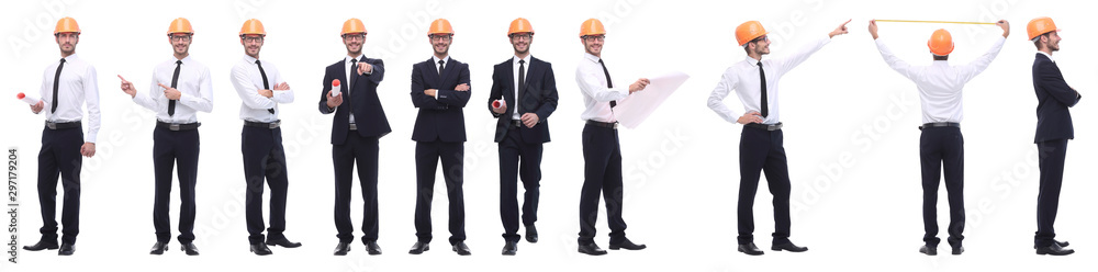 panoramic photo collage of confident architect isolated on white panoramic photo collage of confident architect isolated on white