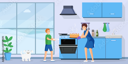 People baking cake flat vector illustration. Smiling woman and little kid in kitchen together cartoon characters. Housewife taking fresh homemade pastry from oven, mother and son cooking dessert