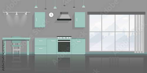 Kitchen interior decor flat vector illustration. Clean empty dining room panorama with no people, contemporary apartment furnishing. Stove with oven, cabinets, exhaust hood and table with chair