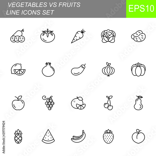 Thin line vegetables and fruit icons set on white background. Vector illustration eps10.