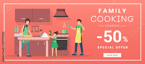 Family cooking courses web banner template. Culinary training classes for parents with children internet promo poster. Special offer, 50 percent discount advertisement with flat illustration