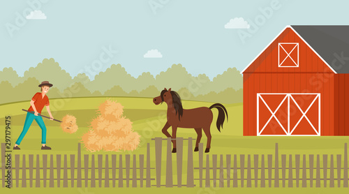 Rancher working in farmyard vector illustration. Young farmer feeding horse with hay cartoon character. Livestock technician working with pitchfork, harvesting food for stallion near barnhouse