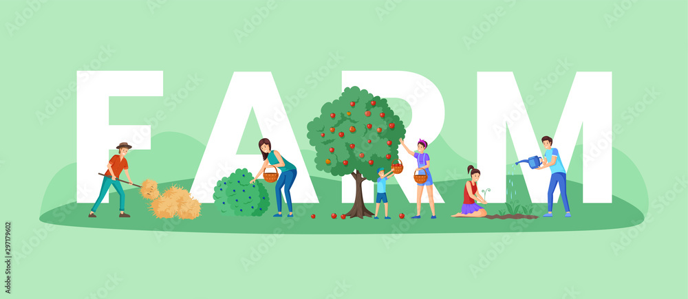 Farm workers duties word concept banner. Mother and son gathering bio apples harvest and black currant berries with baskets. Rancher near haystack, gardeners planting flowers cartoon characters