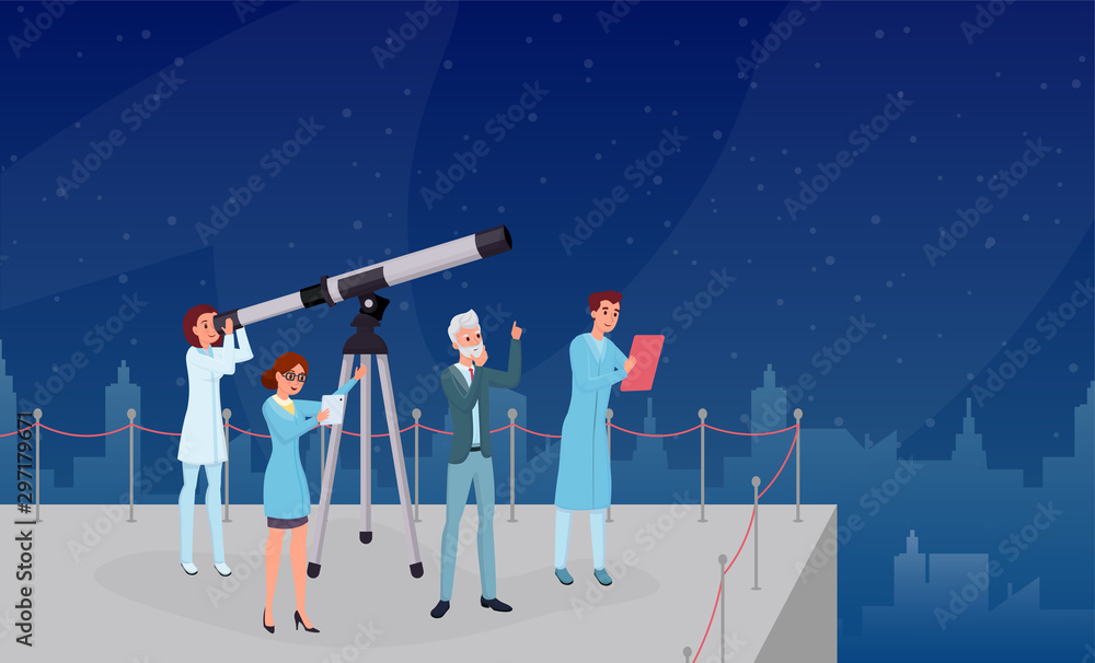Astronomical observation, stargazing flat vector illustrations. Professional astronomers team, astronomy experts and assistants cartoon characters. Scientists group studying starry sky with telescope
