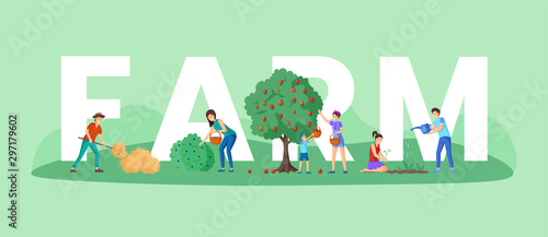 Farm workers duties word concept banner. Mother and son gathering bio apples harvest and black currant berries with baskets. Rancher near haystack, gardeners planting flowers cartoon characters