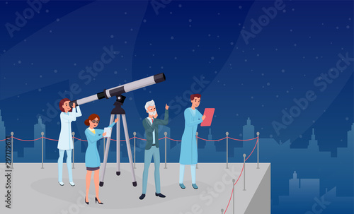Astronomical observation, stargazing flat vector illustrations. Professional astronomers team, astronomy experts and assistants cartoon characters. Scientists group studying starry sky with telescope
