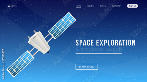 Space exploration landing page vector template. Modern science, cosmology website homepage interface idea with flat illustration. Exoplanet search expedition web banner, webpage cartoon concept