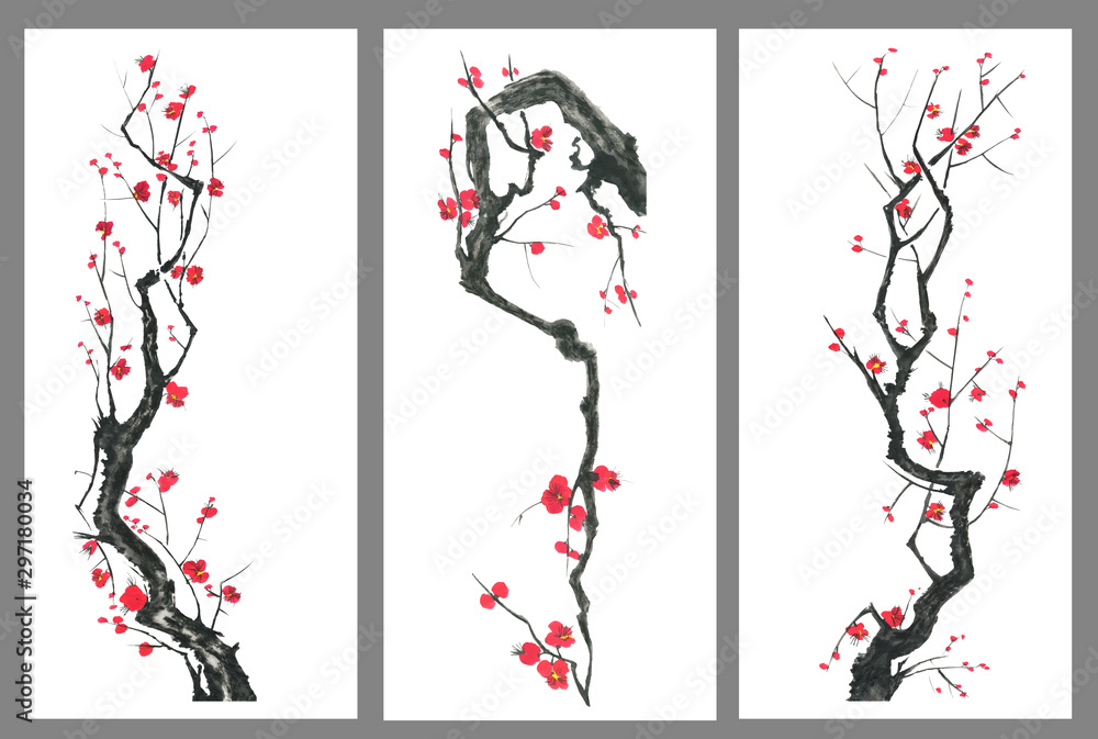 Fototapeta premium Set of sakura blossom branches. Pink and red stylized flowers of plum mei and wild cherry . Watercolor and ink illustration of tree in style sumi-e, go-hua, u-sin. Oriental traditional painting. .