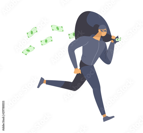 Thief stealing money flat vector illustration. Bank robber, burglar in mask escaping crime scene cartoon character. Dangerous lawbreaker, criminal running with cash bag isolated on white background