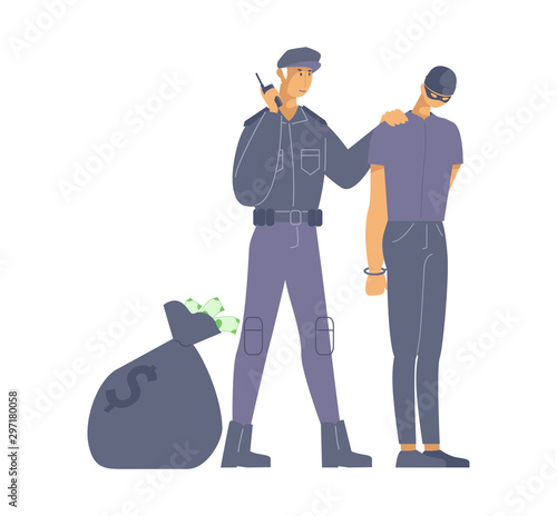 Policeman caught criminal flat vector illustration. Police officer in uniform and bank burglar in mask cartoon characters. Security guard with walkie talkie and thief in handcuffs, crime punishment