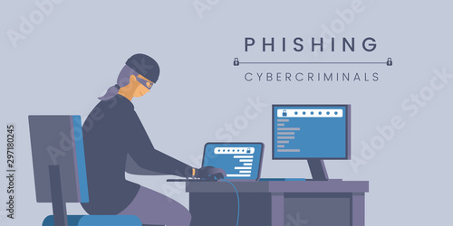 Phishing cybercriminals flat banner vector template. Personal information stealing, virtual identity theft, cybercrime poster layout. Hacker in mask working with computer illustration with typography