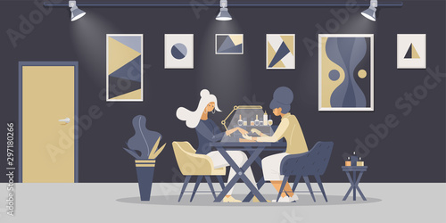 Professional manicure flat vector illustrations. Glamorous manicurist, beautician and fashion parlor customer cartoon characters. Beauty salon service, fingernail treatment, cosmetology procedure