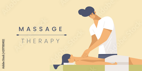 Massage therapy flat banner vector template. Professional masseur and young woman cartoon characters. Spa salon service poster concept. Body treatment procedure illustration with typography