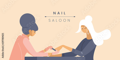 Professional nail studio banner vector template. Manicurist and young customer cartoon characters. Beauty parlor service poster concept. Fingernail polishing procedure illustration with typography