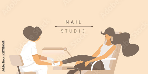 Nail studio flat banner vector template. Pedicurist and young woman cartoon characters. Beauty salon service poster concept. Feet massage and fingernail treatment illustration with typography