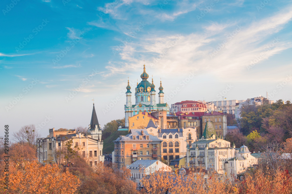 Beautiful view of St. Andrew's Church and St. Andrew's Descent in Kyiv, Ukraine