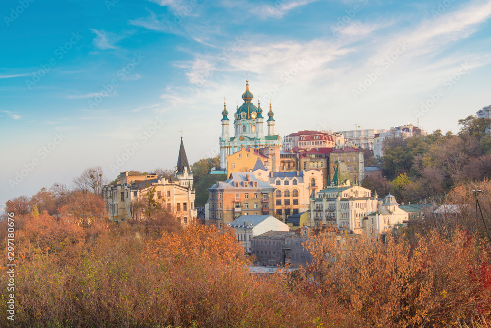 Beautiful view of St. Andrew's Church and St. Andrew's Descent in Kyiv, Ukraine Beautiful view of St. Andrew's Church and St. Andrew's Descent in Kyiv, Ukraine