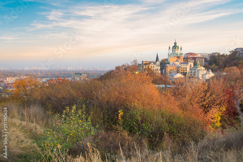 Beautiful view of St. Andrew's Church and St. Andrew's Descent in Kyiv, Ukraine photo