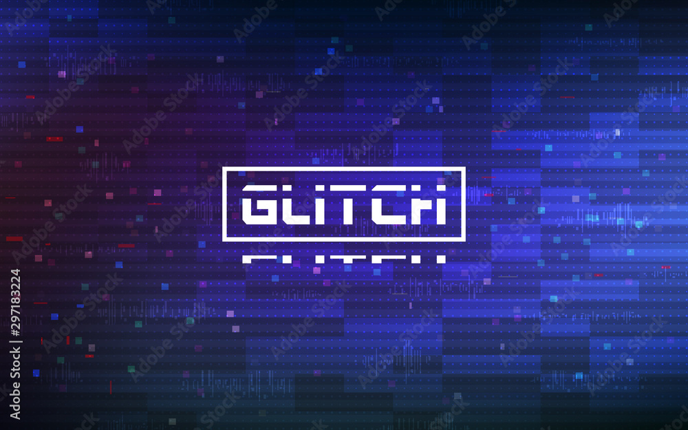 Glitch blue background. Abstract color pixels and shapes on gradient backdrop. Glitched video texture. Digital no signal effect. Futuristic banner with distortions. Vector illustration