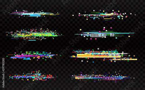 Glitch set on dark background. Collection of color distortions. Data error templates. Random color pixels and shapes. Video problem texture. TV no signal. Vector illustration photo
