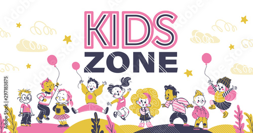 Kids zone background decor banner with happy playful kids in hand drawn style. Boys and girls jumping with air balloons, standing smile. Kindergarden backdrop. Vector illustration. Pink, yellow color.