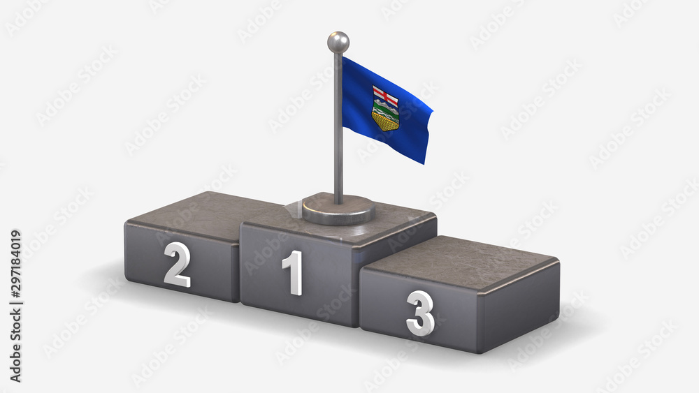 Alberta 3D waving flag illustration on winner podium. Alberta 3D waving flag illustration on winner podium.