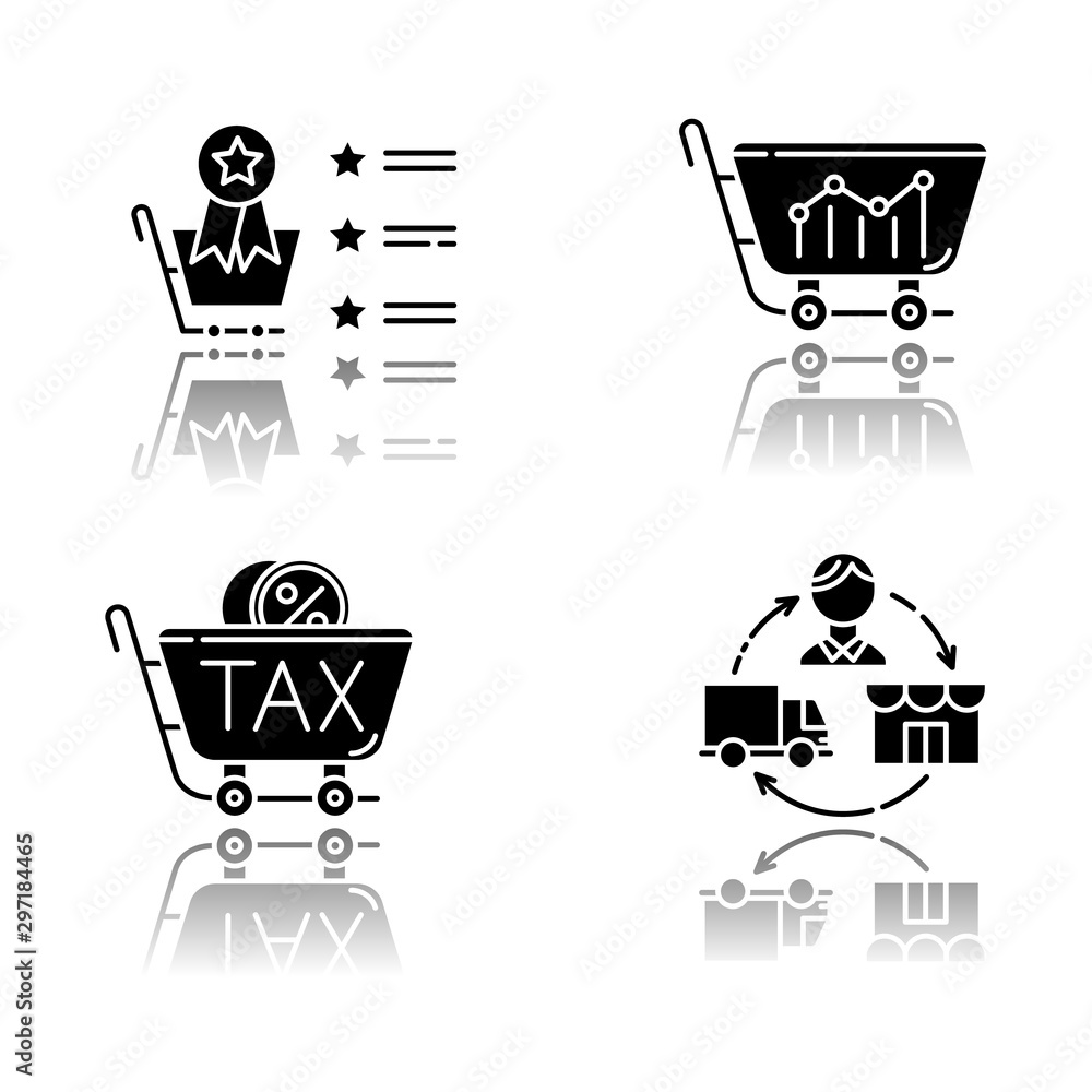 Trading drop shadow black glyph icons set. Marketing research. Best seller list, sell analytics, sales tax ID, dropshipping. Business organization. Product promotion. Isolated vector illustrations Trading drop shadow black glyph icons set. Marketing research. Best seller list, sell analytics, sales tax ID, dropshipping. Business organization. Product promotion. Isolated vector illustrations