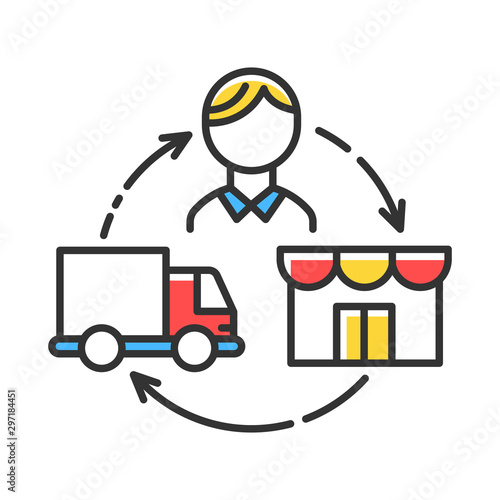 Dropshipping color icon. Drop shipping. Order and product delivery to customer. Goods transportation. Distributive trades. E commerce. Sales business. Isolated vector illustration