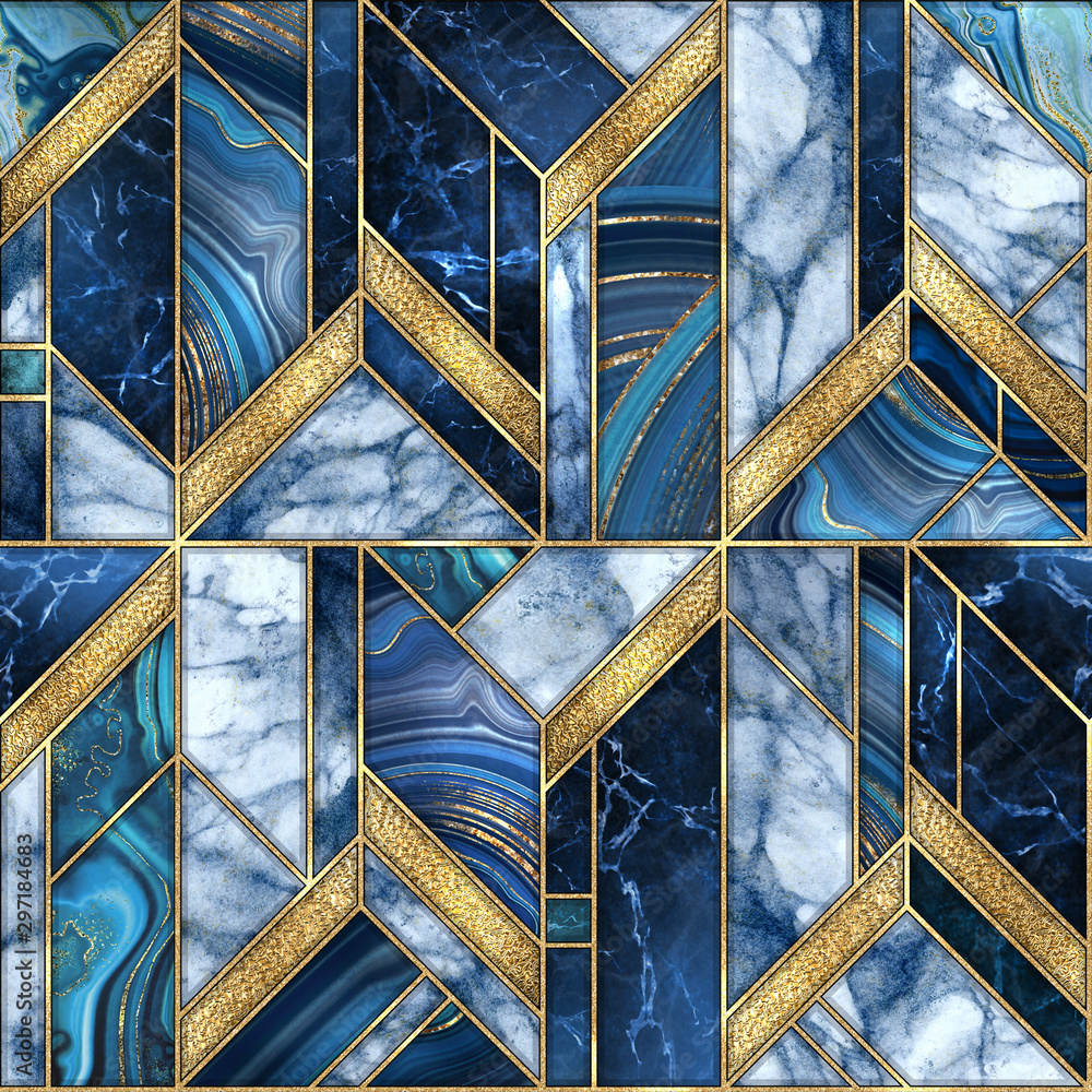 Seamless Abstract Background Modern Marble Blue Gold Mosaic Art Deco