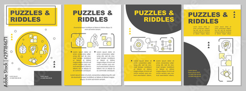 Puzzles and riddles brochure template. Escape room flyer, booklet, leaflet print, cover design with linear illustrations. Vector page layouts for magazines, annual reports, advertising posters