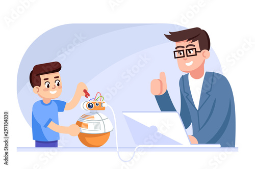 Robotics class for children flat vector illustration. Father and son assembly and programming droid. After school club. Extracurricular activity. Boy and teacher creating robot cartoon characters