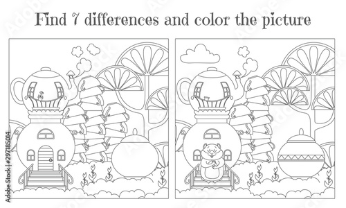Find seven differences and paint a picture. A samovar house surrounded by cups and a sugar bowl in a forest of lemon trees. Vector