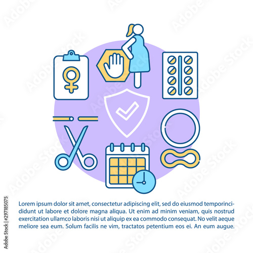 Female contraception article page vector template. Birth control methods. Woman healthcare. Brochure, magazine, booklet design element with linear icons. Print design. Concept illustrations with text