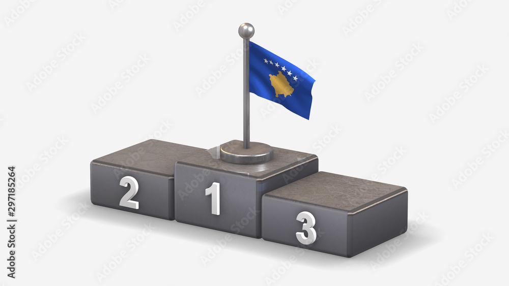 Kosovo 3D waving flag illustration on winner podium. Kosovo 3D waving flag illustration on winner podium.