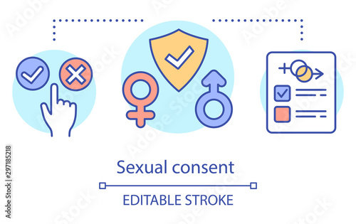 Sexual consent concept icon. Marriage contract. Agreement to engage in sexual activity. Erotic relationship regulation idea thin line illustration. Vector isolated outline drawing. Editable stroke