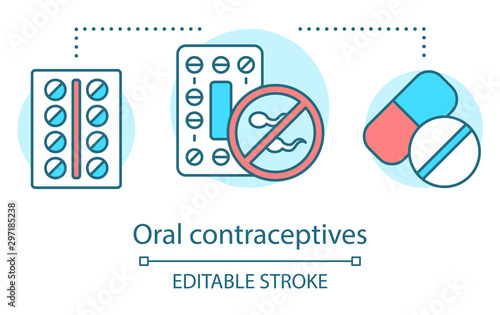 Oral contraceptives concept icon. Birth control method. Hormonal contraception. Preventing unwanted pregnancy. Safe sex idea thin line illustration. Vector isolated outline drawing. Editable stroke