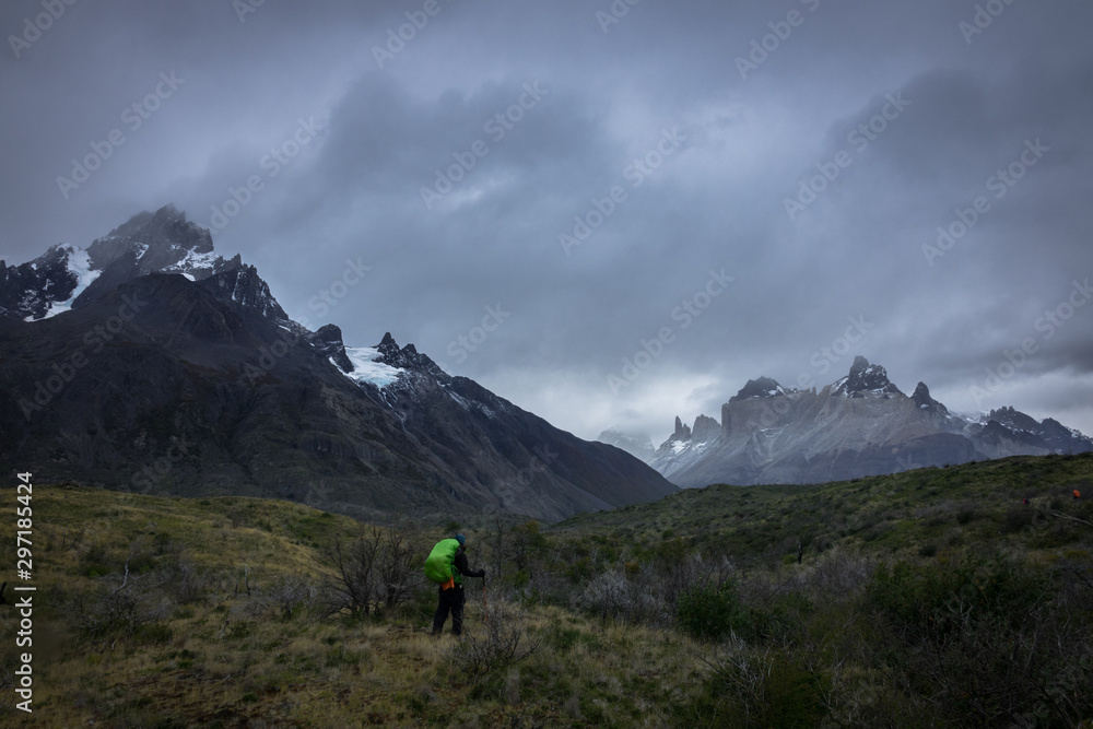 A person observing an immense landscape of great mountains and snowy peaks, surrounded by small bushes, some green and others dry. Torres del Paine, Patagonia Chile