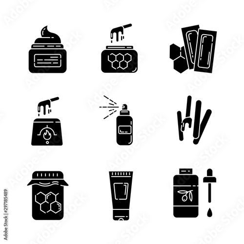 Waxing equipment glyph icons set. Natural hot honey wax strips with spatula. Hair removal tools. Body lotion, spray, oil for depilation. Silhouette symbols. Vector isolated illustration