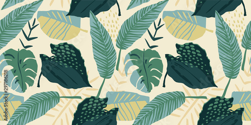 Abstract creative seamless pattern with tropical plants and artistic background.
