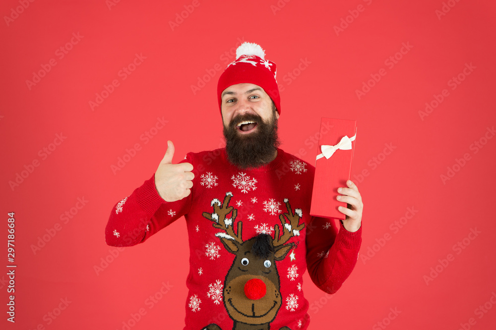 best winter holidays. looking good in this sweater. merry christmas. got xmas gift. seasonal discounts. present from santa. happy new year. cheerful bearded man after shopping. best prices here