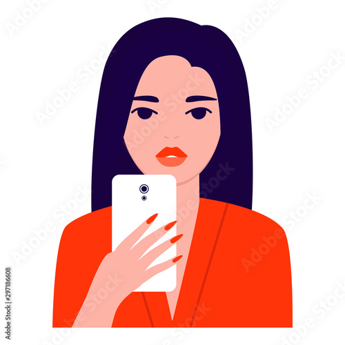Bright beautiful young woman with mobile phone, front view. Photographing, reading, chatting. Smartphone and internet addiction. Vector flat illustration on white background