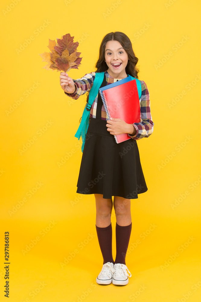 Nature lesson. Happy little child hold autumn leaves for biology lesson. Small girl smiling with lesson books and yellow foliage. Lesson can be entertaining. Back to school Nature lesson. Happy little child hold autumn leaves for biology lesson. Small girl smiling with lesson books and yellow foliage. Lesson can be entertaining. Back to school