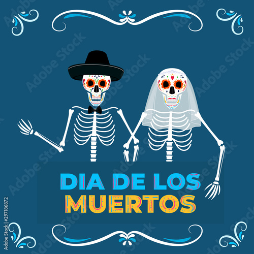 Day of the dead party. Dea de los muertos banner. Painted skeletons bride and groom