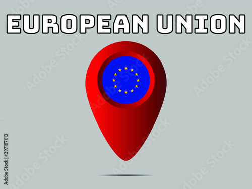 Geolocation tag, geotag pin, symbol with National flag of European Union. Original colors and proportion. Graphic design vector illustration, from  countries set. For icon, logo, web, education.