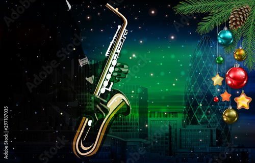 Christmas green music illustration with saxophone player on cityscape of London background