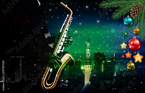 Christmas green music illustration with saxophone player on cityscape of Tallinn background