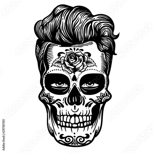 Vector hand drawn illustration of Day Of The Dead Skull. Skull hipster sugar flower. Skull tattoo isolated on white.